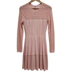 BCBGMAXAZRIA Dress S Pink Eyelet Long Slv Fit Flare Stretchy Zip Lined Kyla